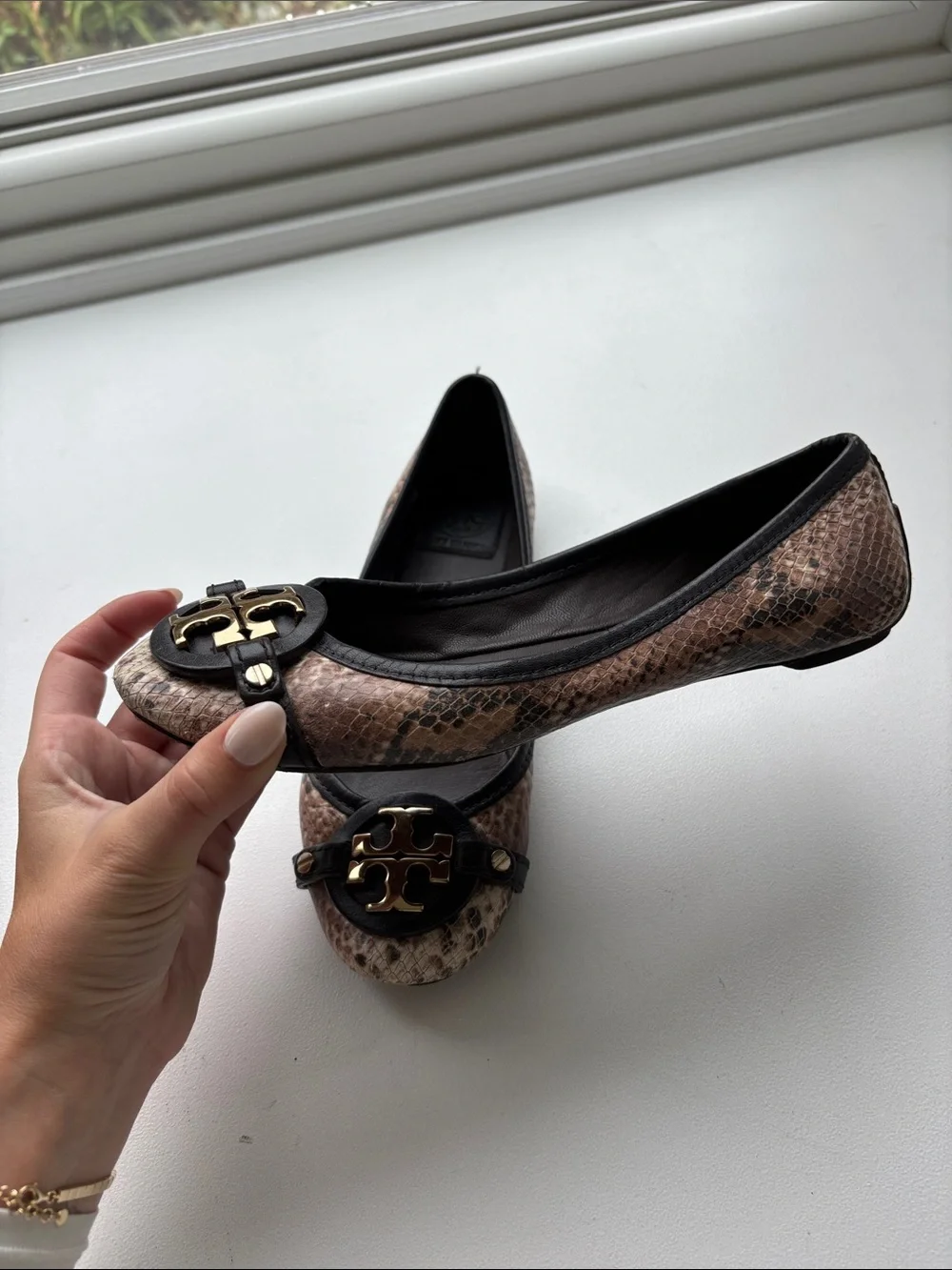 Tory Burch Snake-Print Logo Ballet Flats in Brown size 6.5 M